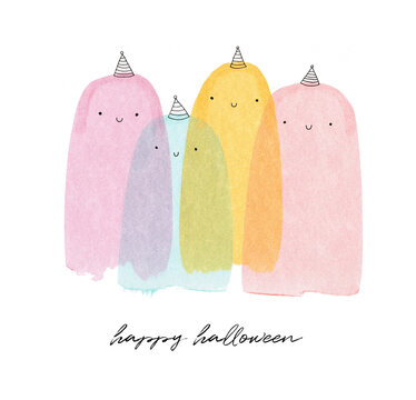 Cute Hand Drawn Halloween Illustration with Group of Little Colorful Ghosts on a White Background. Happy Halloween. Hand Painted Art with Kawaii Style Ghosts ideal for Card, Poster, Banner.