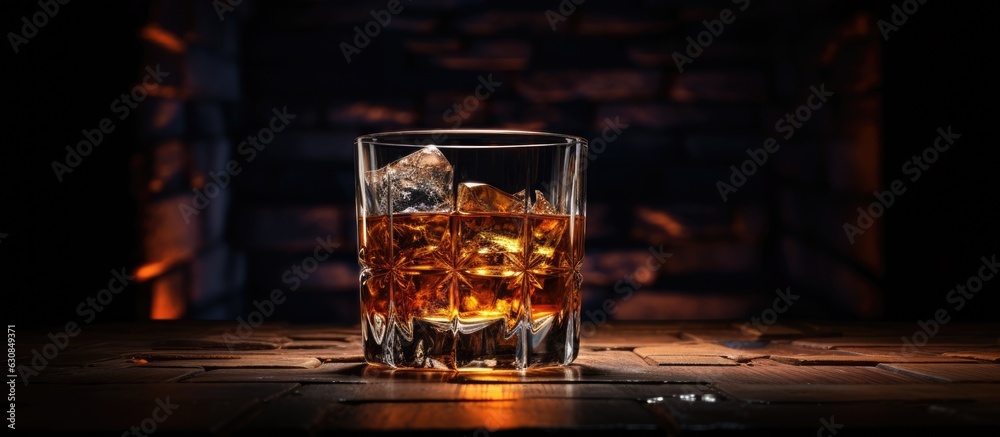 Poster An artistic representation of a glass of sophisticated whiskey with ice cubes on a bar counter, set against a moody and dark atmosphere.
