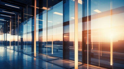 Sunlit business office with elegant glass curtain windows and a flare of sunlight.