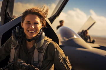 Female pilot of a military fighter poses with an airplane and smiles. AI generated. - obrazy, fototapety, plakaty