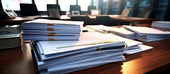 A collection of report papers for business purposes, such as annual reports and files for business and financial concepts, is placed on a desk.