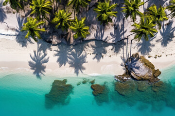 Fototapeta na wymiar Beach with palm trees and white sand, drone view, top view. AI generated.