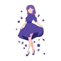 Girl with blueberry vector flat illustration. Girl in a violet dress, purple hair. Colorful flat illustration. Blueberry girl illustrations. Fruit girl vector character.