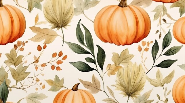 Watercolor pumpkins seamless pattern. Hand drawn autumn pumpkin with floral twigs. Fall background Generative AI