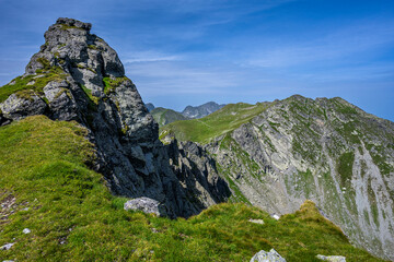 Summer landscape of the Fagaras Mountains. View from the hiking trail from Lake Balea to Mount...