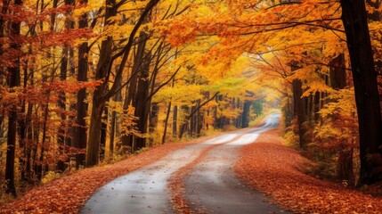 Scenic road surrounded by a dense forest with towering trees