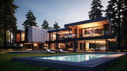 Obraz premium Contemporary residence with floor-to-ceiling windows, allowing for ample natural light.