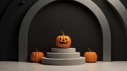 Stone podium and minimal abstract background for Halloween, 3d rendering, Smiling pumpkin character with bat on geometric shape, Stage for product Generative AI