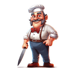 Butcher character cartoon vector illustration, butcher holding meat, and knife, butcher shop, cartoon character