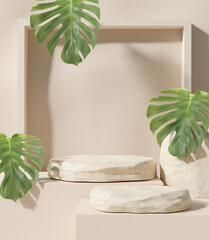 Product display podium stand and tropical monstera leaves on brown background. 3D rendering