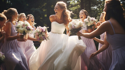 Bride and bridesmaids have fun at the wedding. The bridesmaids catch the bride's bouquet. AI generated.