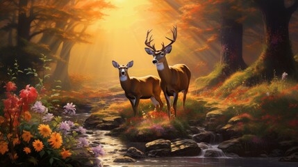 Two deer standing together in a serene forest setting