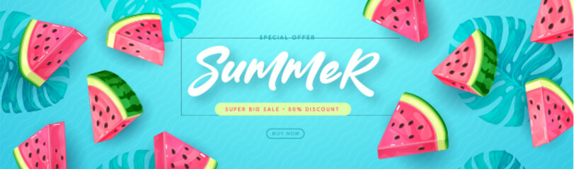Summer sale poster with slices of watermelon and tropic leaves on blue background. Summer background. Vector illustration