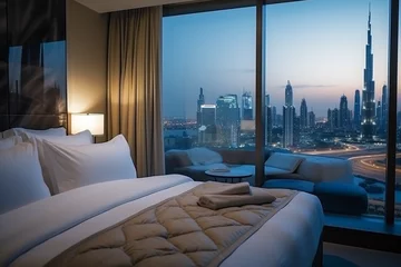 Crédence de cuisine en verre imprimé Burj Khalifa The interior of an expensive hotel room overlooking Dubai.