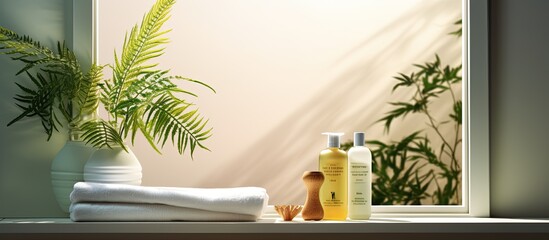 background with a window and a display of spa towel, soap dispenser, and plant leaves.