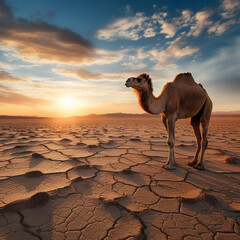 a camel standing in a desert with a sunset in the background