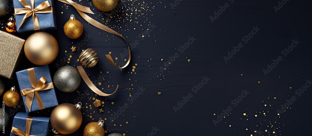 Aufkleber The Christmas background is dark blue and it features gift boxes and gold baubles. It is presented in a flat lay style with a top view and empty space for adding text or other elements.