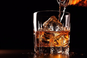 Pouring whiskey into a glass with ice on a dark background.