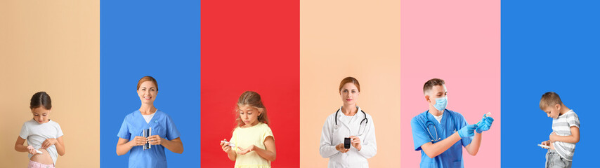 Set of children with diabetes and doctors on color background