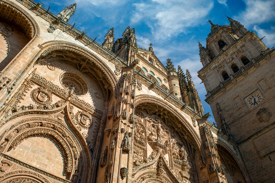 Perspective view of the facade and tower of the cathedral of Salamanca, Spain, a World Heritage City