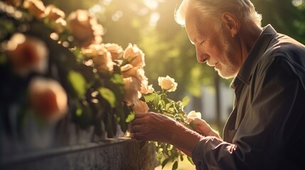 An elderly man stands at the grave with flowers in the cemetery - obrazy, fototapety, plakaty