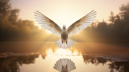 Naklejka premium Majestic white bird soaring over a serene body of water