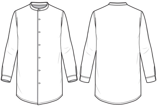 Mens long sleeve tunic shirt flat sketch illustration drawing, Band collar mens kurtha shirt for casual wear and ethnic wear fashion illustration template mock up, Mandarin collar Woven shirt