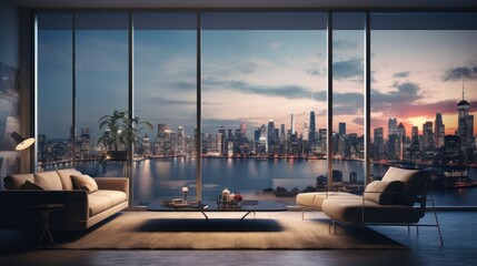 Modern glass windows spanning from floor to ceiling, framing the city lights in the backdrop.