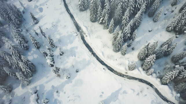Aerial shot of a cross - country skiing track through a snow - covered forest, bird’s - eye view, oil painting style, emphasis on the textures and snow patterns, calming palette of whites and greens