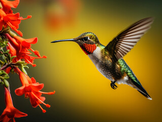 Fototapeta premium a hummingbird hovering in mid - air, sipping nectar from a vibrant red flower, wings in motion, vivid colors, detailed textures