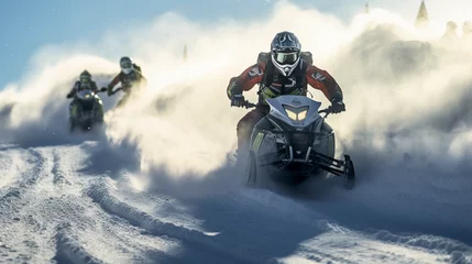 Fotobehang a snowmobile race in progress, snow dust in the air, bright sunlight causing harsh shadows © Marco Attano
