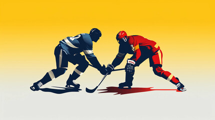 Fototapeta premium Minimalist vector illustration of an ice hockey match, flat design, bold primary colors, dynamic composition, focus on the flying puck, hockey stick silhouette
