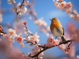 a robin perched on a cherry blossom tree, delicate pink petals falling, clear blue sky in the background, golden morning light casting soft shadows, crisp detail