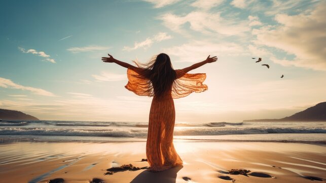 Woman enjoying the freedom and serenity of the beach, with her arms outstretched