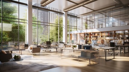 Interior of an office space with glass walls flooded with sunlight.