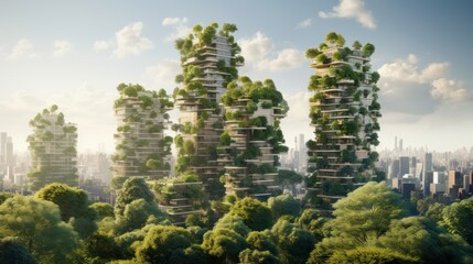 Vertical residential tower design with lush forest trees surrounding the building.