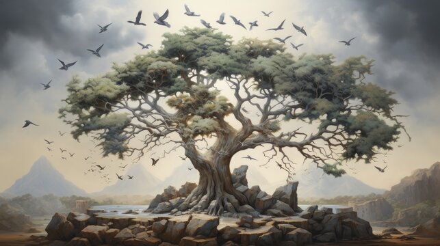 Serene landscape painting featuring a majestic tree and graceful birds in flight