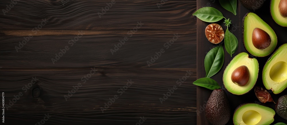 Poster Dark wooden table with a flat lay of whole and sliced avocados. ample space for text.