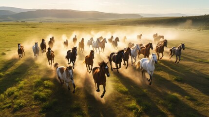 Herd of horses galloping through a scenic field