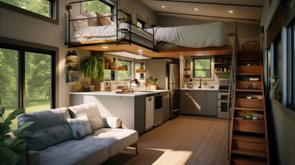 Interior of a modern tiny house showcasing contemporary architectural design. - obrazy, fototapety, plakaty