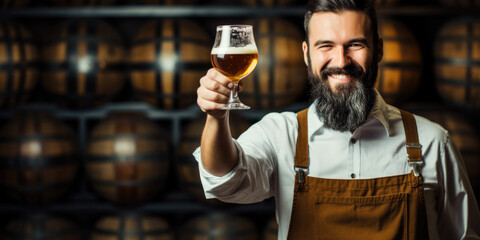 brewery man holding a glass of beer. alcohol fermentation and storage industry