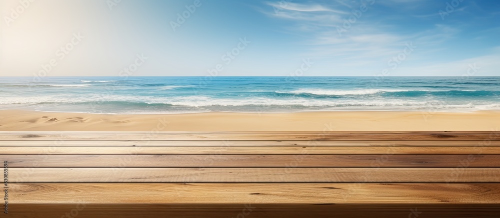 Poster a wooden table or pier is shown in the presence of a sunny beach and sea in the background. provides
