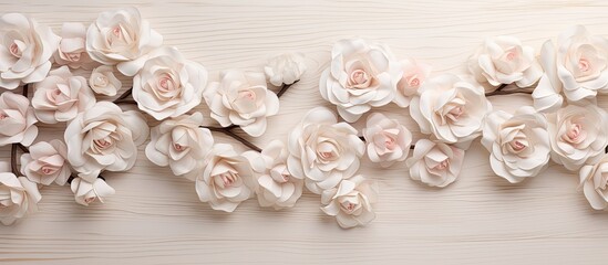 A white wooden textured background adorned with almond-colored rose flowers is seen from above.