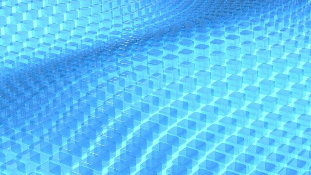 Abstract background blue transparent cubes move in a wave , 3d render.