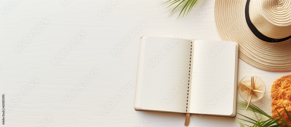 Poster a blank writing book featuring summer beach accessories is placed on a background with copy space. i