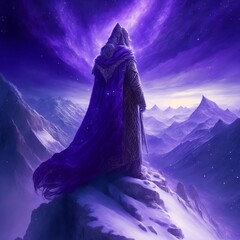 Atop a mystical mountaintop shrouded in mist, an enigmatic figure draped in a billowing purple cloak meditates under a star-studded sky. The cloak is intricately patterned with intricate Tibetan manda