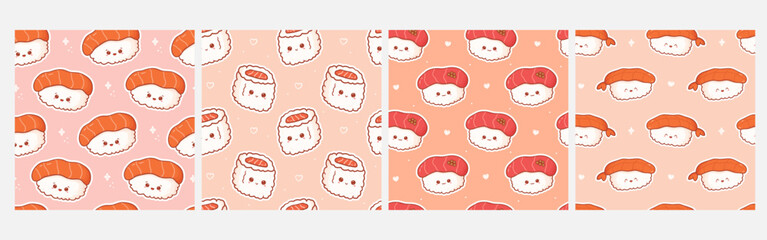 Set of kawaii seamless patterns with sushi with happy face. Cute prints asian food in cartoon style for phone case, backgrounds, fashion, wrapping paper and textile. Vector Illustration