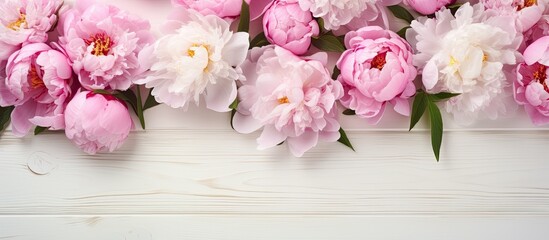 The background is a rustic white wooden surface with beautiful pink peonies, providing an amazing display. empty space available for copying purposes.