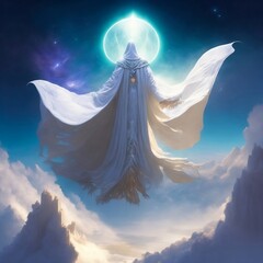 Within a mythical realm of floating islands, a figure robed in a celestial white cloak glides through the sky. The cloak bears intricate Mayan symbols, representing balance and cosmic harmony. They ra