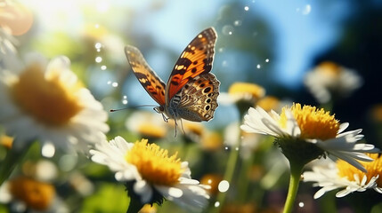 Obraz premium Beautiful butterfly among wild flowers, blurred background.